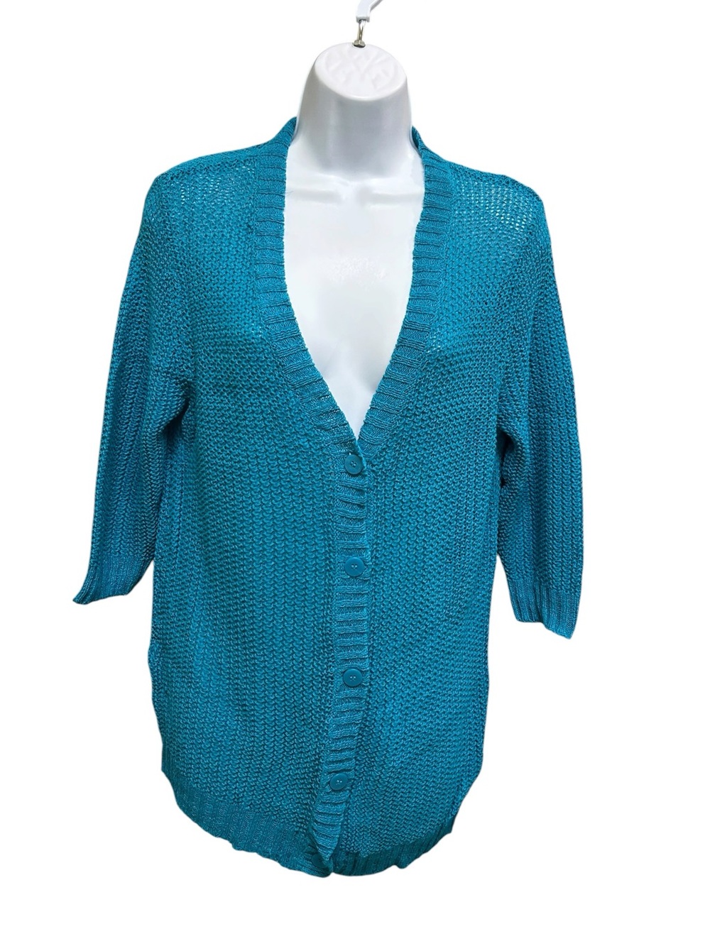 Kenneth Cole Turquoise Open Knit Button Front Cardigan Size L